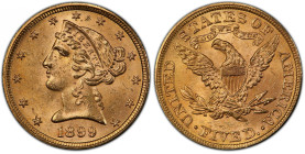 1899 Liberty Head Half Eagle. MS-64 (PCGS).
Billowy rose-apricot luster flows over both sides and there are no troublesome blemishes. This sparkling ...