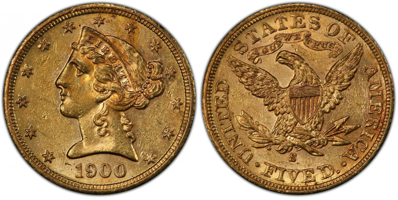 1900-S Liberty Head Half Eagle. MS-61 (PCGS).
An attractive example of this pop...