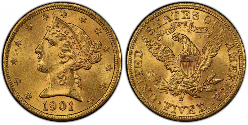 1901/0-S Liberty Head Half Eagle. FS-301. MS-63 (PCGS). CAC.
Bold, vivid golden...