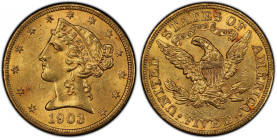 1903 Liberty Head Half Eagle. MS-62 (PCGS). CAC.
Frosty golden-apricot surfaces offer superior quality and eye appeal at the assigned grade level.
P...