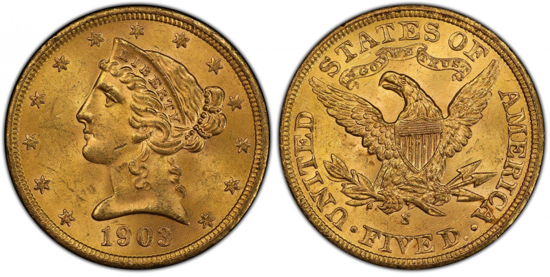 1903-S Liberty Head Half Eagle. MS-63+ (PCGS). CAC.
A sensational golden-aprico...