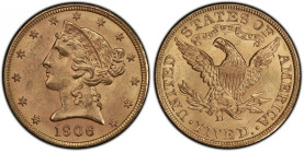 1906-D Liberty Head Half Eagle. MS-64 (PCGS). CAC.
Soft frosty luster in warm golden-apricot flows over serene surfaces. Boldly to sharply struck wit...
