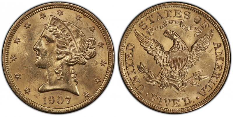 1907 Liberty Head Half Eagle. MS-63+ (PCGS).
From the penultimate year of the l...