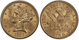 1907 Liberty Head Half Eagle. MS-63+ (PCGS).
From the penultimate year of the long-running Liberty Head half eagle series comes this Choice Philadelp...