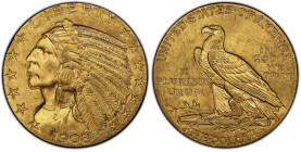 1908 Indian Half Eagle. MS-63+ (PCGS). CAC.
The splendid honey-apricot surfaces of this Choice example are fully lustrous and softly frosted. The str...
