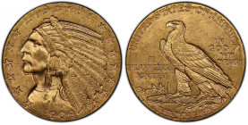 1909-D Indian Half Eagle. MS-64 (PCGS).
Lustrous golden-apricot surfaces are sharply struck with full, soft mint luster. The 1909-D half eagle is a f...