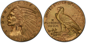 1910 Indian Half Eagle--Struck Through Reverse--EF-45 (PCGS).
Warm khaki-gold color with a shallow reverse strike through obscuring some of the detai...