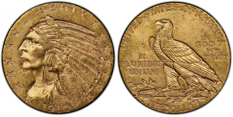 1910-D Indian Half Eagle. MS-63 (PCGS).
Fully lustrous rose-gold surfaces suppo...