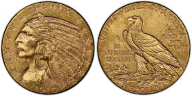 1910-D Indian Half Eagle. MS-63 (PCGS).
Fully lustrous rose-gold surfaces support bold to sharp striking detail throughout the main design. The D min...