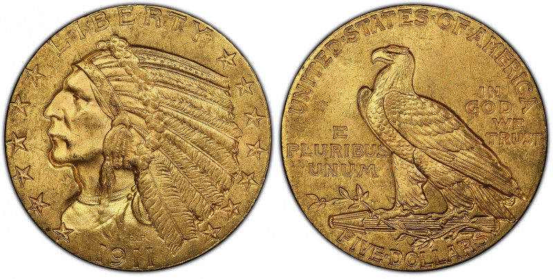 1911 Indian Half Eagle. MS-64 (PCGS).
Lovely honey-rose color with a tinge of p...