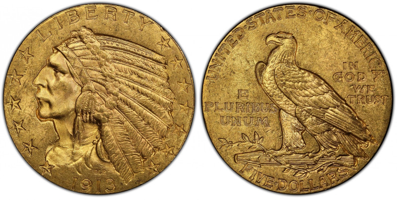 1913 Indian Half Eagle. MS-64 (PCGS).
A sharply struck, lustrous near-Gem with ...