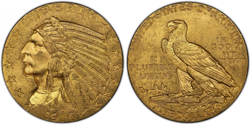 1914 Indian Half Eagle. MS-63 (PCGS). CAC.
Lovely honey-orange surfaces with su...