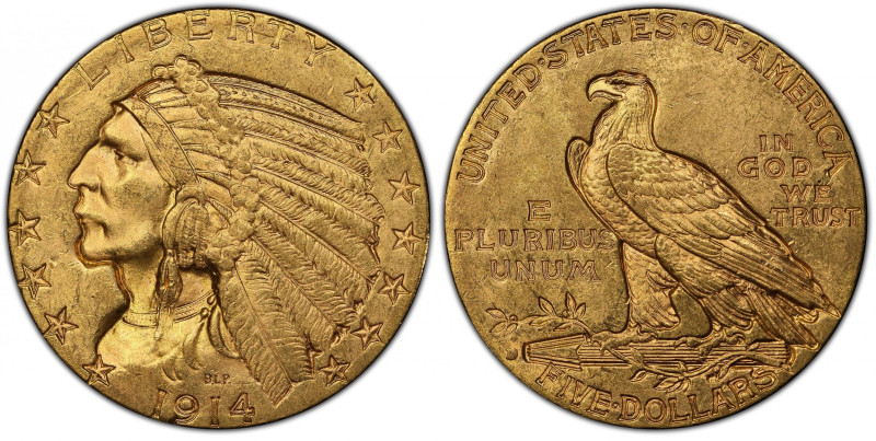 1914-D Indian Half Eagle. MS-63 (PCGS). CAC.
Soft satin luster mingles with viv...