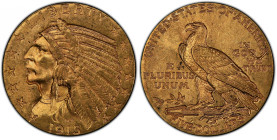 1915 Indian Half Eagle--Struck Through Reverse--MS-62 (PCGS).
This frosty honey-apricot example is lustrous and sharply struck overall. A thin L-shap...