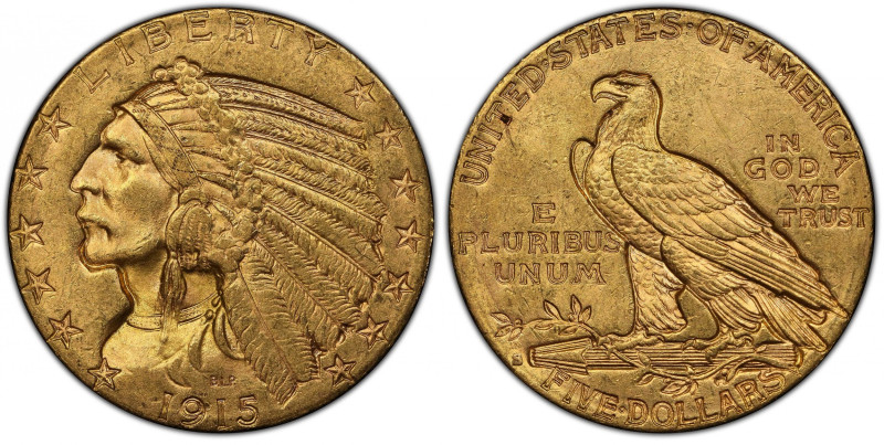 1915-S Indian Half Eagle. MS-63 (PCGS).
This coin is in the distinct minority a...