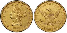 1842 Liberty Head Eagle. Small Date, Plain 4. AU-53 (PCGS).
This is a significant and thoroughly desirable example of a scarce early date Liberty Hea...