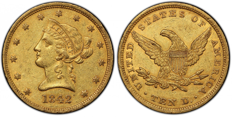 1842 Liberty Head Eagle. Large Date, Crosslet 4. AU-50 (PCGS). CAC.
Appealing o...
