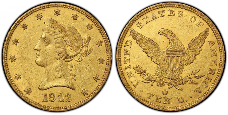 1842-O Liberty Head Eagle. Winter-2. AU-53 (PCGS).
Here is an exceptional About...