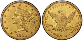 1843 Liberty Head Eagle. AU-53 (PCGS). CAC.
At the lower reaches of AU preservation, this is one of the most appealing 1843 eagles that we have ever ...