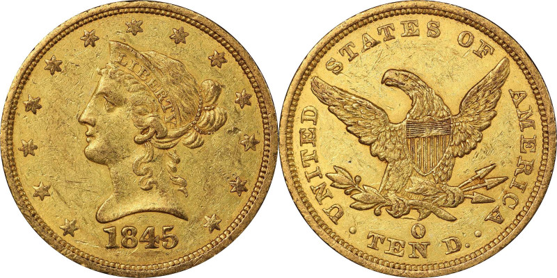 1845-O Liberty Head Eagle. Winter-1. Repunched Date. AU-50 (PCGS).
This lovely ...