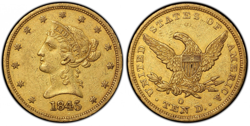 1845-O Liberty Head Eagle. Winter-3. Repunched Date, Large/Small Date. EF-45+ (P...