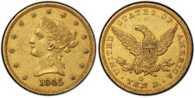 1845-O Liberty Head Eagle. Winter-3. Repunched Date, Large/Small Date. EF-45+ (PCGS). CAC.
This lovely eagle is drenched in a bold blend of honey-oli...