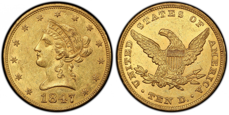 1847 Liberty Head Eagle. AU-55 (PCGS). CAC.
A lovely example from the early No ...