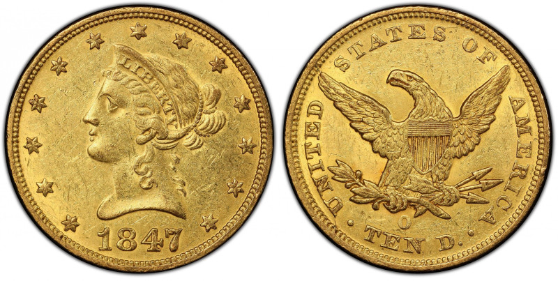 1847-O Liberty Head Eagle. Winter-1. AU-55+ (PCGS). CAC.
A lovely early O-Mint ...