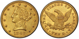 1848 Liberty Head Eagle. AU-55 (PCGS). CAC.
Delightful honey-orange surfaces support a bold strike and soft, pleasingly smooth frosty luster. The 184...
