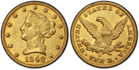 1848-O Liberty Head Eagle. Winter-1. AU-53 (PCGS). CAC.
Original olive-orange surfaces are enhanced by softly frosted to modestly semi-reflective min...