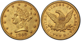 1849 Liberty Head Eagle. Breen-6887. Repunched Date. AU-53 (PCGS). CAC.
An earlier die state example of this intriguing variety, repunching is eviden...