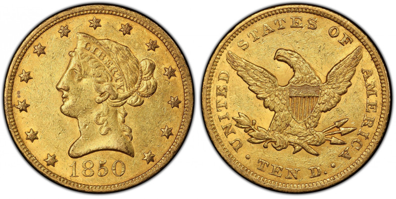 1850 Liberty Head Eagle. Large Date. AU-53 (PCGS).
A lustrous deep orange-olive...