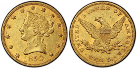 1850 Liberty Head Eagle. Large Date. AU-53 (PCGS).
A lustrous deep orange-olive example that is sharply struck over most design elements. The Philade...