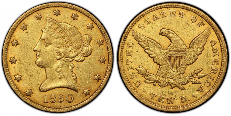 1850 Liberty Head Eagle. Small Date. AU-50 (PCGS). CAC.
This pretty example dis...