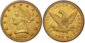 1850 Liberty Head Eagle. Small Date. AU-50 (PCGS). CAC.
This pretty example displays pale rose highlights on dominant honey-olive color. Well defined...
