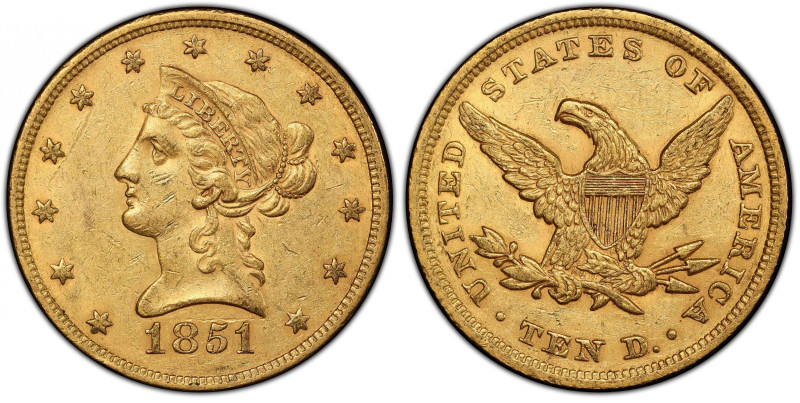 1851 Liberty Head Eagle. AU-55 (PCGS). CAC.
Rich, deep, honey-rose color with w...