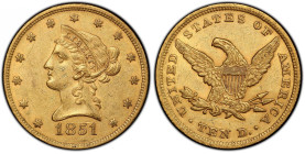 1851 Liberty Head Eagle. AU-55 (PCGS). CAC.
Rich, deep, honey-rose color with warm orange-apricot highlights also very much in evidence. Both sides a...