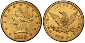 1853/'2' Liberty Head Eagle. Breen-6905. AU-55 (PCGS).
Attractive honey-orange surfaces reveal glints of pale rose iridescence. Boldly defined, lustr...