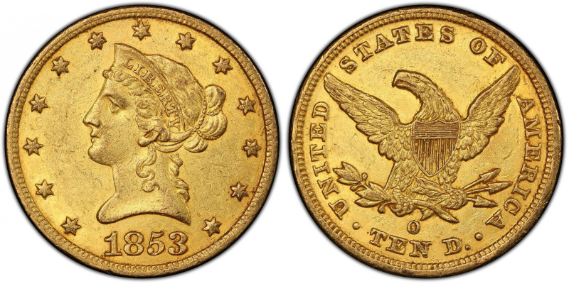 1853-O Liberty Head Eagle. Winter-2. AU-55+ (PCGS). CAC.
Vivid honey-orange sur...