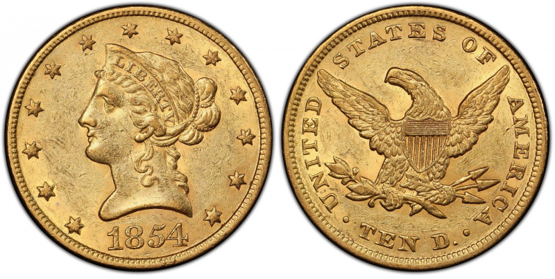 1854 Liberty Head Eagle. AU-58 (PCGS). CAC.
Both sides of this delightful 1854 ...