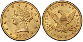 1854 Liberty Head Eagle. AU-58 (PCGS). CAC.
Both sides of this delightful 1854 Liberty Head eagle display a lovely blend of soft frosty luster and vi...
