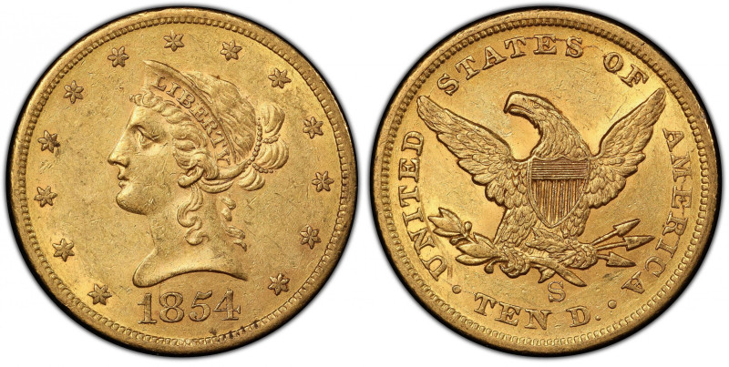 1854-S Liberty Head Eagle. AU-55 (PCGS). CAC.
An impressive Choice AU example w...