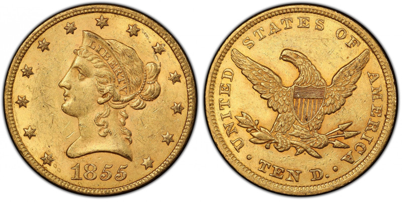 1855 Liberty Head Eagle. AU-58 (PCGS). Gold CAC.
Sharply defined in most areas,...