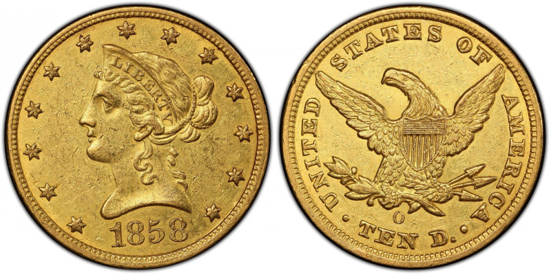 1858-O Liberty Head Eagle. Winter-1, the only known dies. AU-55 (PCGS). CAC.
Th...