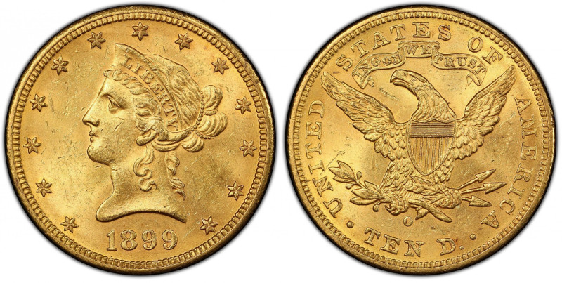 1899-O Liberty Head Eagle. Winter-2. MS-62+ (PCGS). CAC.
Lustrous satin to soft...