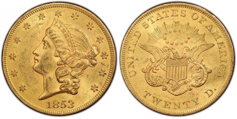 1853 Liberty Head Double Eagle. MS-62 (PCGS). CAC.
Here is a noteworthy conditi...