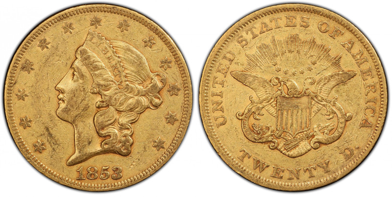 1853/'2' Liberty Head Double Eagle. FS-301. EF-45 (PCGS).
An exceptionally attr...