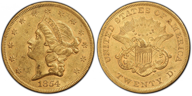 1854 Liberty Head Double Eagle. Small Date. AU-55 (PCGS). CAC.
Rich, original c...