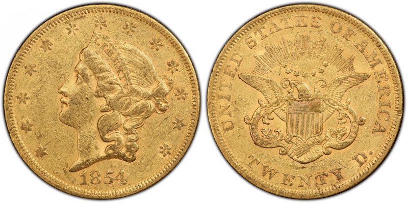 1854 Liberty Head Double Eagle. Small Date. Repunched Date. AU-50 (PCGS). CAC.
...