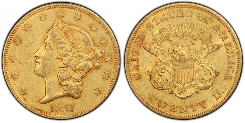 1857-O Liberty Head Double Eagle. Winter-1, the only known dies. AU-55 (PCGS). C...